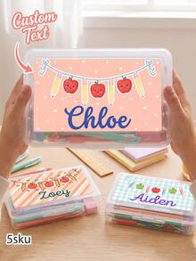 1pc Custom Name Pencil Box,Personalized Cute Cartoon Apple Pencil Print Customized Pencil Container,Back‑To‑School Supplies,Custom Gift For Classroom Use - Multicolor - View 1