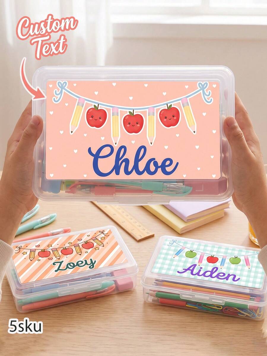 1pc Custom Name Pencil Box,Personalized Cute Cartoon Apple Pencil Print Customized Pencil Container,Back‑To‑School Supplies,Custom Gift For Classroom Use - Multicolor - View 1