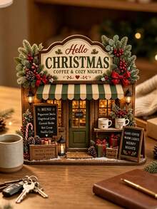2D聖誕咖啡店木製積木，溫馨節日咖啡館村莊桌面裝飾，鄉村風冬季書架擺飾，送給咖啡愛好者的禮物 - 多色 - 查看 2