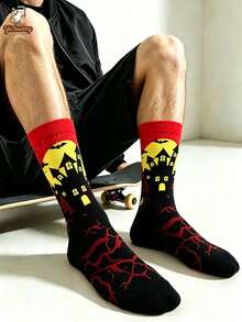 1 Pair New Halloween Men's Mid-Calf Socks, Castle & Bat Socks - Multicolor - View 2