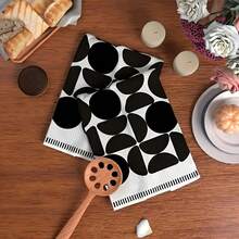 2pcs Modern Geometric Kitchen Dish Cloths, Black And White Abstract Circle Color Block Print Napkins, Minimalist Home Kitchen Decor Hand Towels - Black and White - View 3