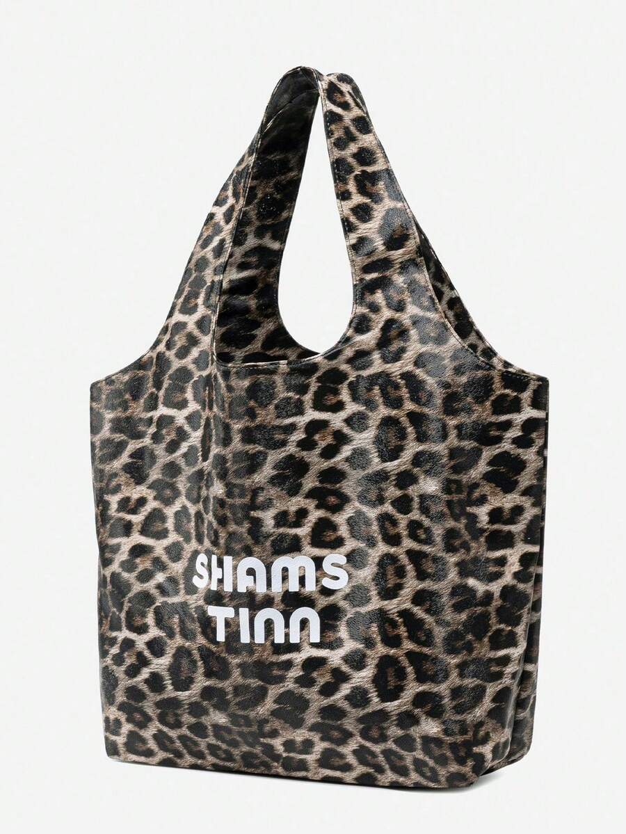 Autumn/Winter Shopping Bag Shoulder Bag Handbag, Multi-Functional Daily Travel Large Capacity Vintage Commuter Women's Bag, 1pc, Polyester Leopard Print - Khaki - View 1