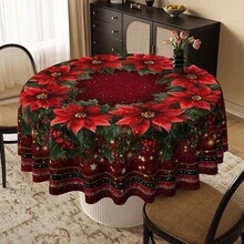 Christmas Poinsettia Round Tablecloth, Red Floral Holiday Polyester Table Cover With Holly Berry Wreath Print For Xmas Dinner, Family Gathering, Winter Party And Festive Home Decor - A - View 7