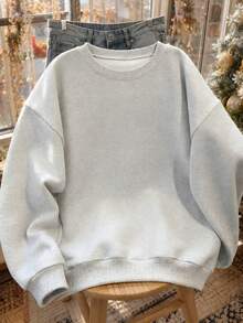 Sweatshirt Leher Bulat Motif Bunga Merah Muda Estetika Unik, Pullover Kasual Serbaguna Musim Gugur Warna Abu-abu Oatmeal Muda dengan Potongan Longgar - Light Grey - View 2