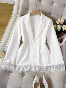 Women's Fashion Mid-Length Lace Patchwork Blazer - White - View 1