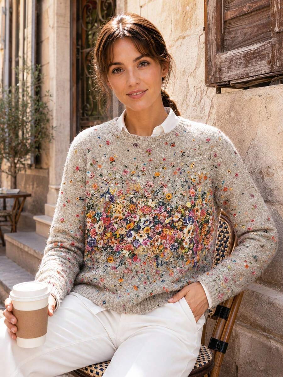Women's Lightweight Floral Print Sweater - Khaki With Multicolor Flower Pattern, Casual Crew Neck Long Sleeve Top, Suitable For All Seasons, Layered Design, Vibrant Color Blend - Khaki - View 1