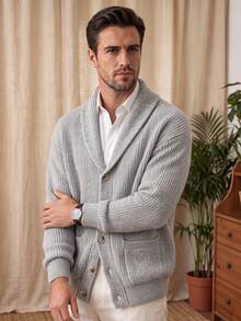 Men's Solid Color Open Front Lapel Long Sleeve Loose Fit Business Casual Commuter Double Pocket Cardigan Sweater Autumn Winter - Light Grey - View 5