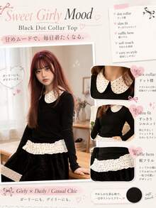 YEAE | Girly Polka Dot Print Long Sleeve Top Vacation Streetwear - Black - View 6