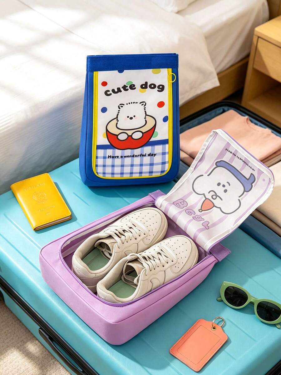 6/1pc Portable Travel Shoe Bag, Handheld Shoe Storage Bag, Double Layer Large Capacity Dust-Proof Shoe Storage Bag, Suitable For Luggage, Business Trip, Vacation, Cute Pattern Shoe Storage Bag