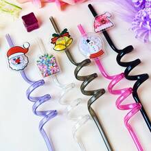 2,5pcs Christmas Glitter Cartoon Curved Straws, Santa Claus Snowman Reindeer Gift Christmas Tree Shaped Party Decoration Straws - Multicolor - View 2