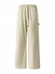 Men Off‑White Straight Leg Cargo Pants Multi‑Pocket Elastic Waist Solid Loose Retro Casual Trousers - Khaki - View 3