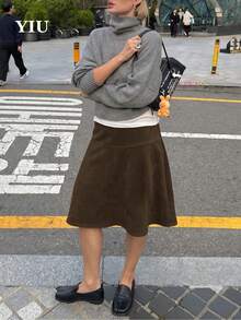 YIU LUMOS 女款摩卡色麂皮高腰喇叭膝長 A 字裙，老錢風西式優雅設計，適合秋冬辦公與約會 - 咖啡棕 - 查看 4