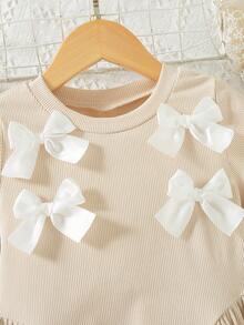Girls' Casual Solid Color Bow Decor Short Sleeve Knee-Length Dress, Summer - Apricot - View 4