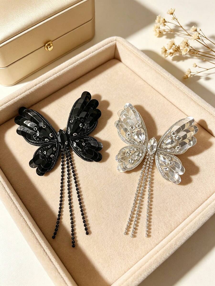 1pc Elegant Fashion Handmade Rhinestone Sequin Butterfly Tassel Brooch - Multicolor - View 1