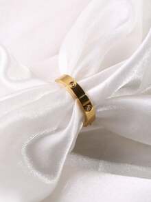 1pc Stainless Steel 18K Gold Plated Polished Dot Rhinestone Ring, Minimalist Style Suitable For Commute Formal Wear, Daily Casual Outfit Accessory - Polished Polka Dot Rhinestone Ring - View 6