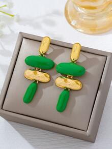 1 Pair European & American Exaggerated Asymmetrical Geometric Oil Drop Enamel Earrings - Light Green - View 3