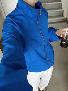 女款秋季拉鍊式落肩袖短版外套 時尚立領 通勤度假運動 學院風 寬鬆顯瘦 百搭 - 藍色 - 查看 8