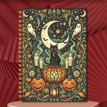 1pc 14*21cm Spiral Notebook, Vintage Witchy Halloween Design For School, Home, Office, Note Taking, Journaling, Daily Planner, Black Cat Crescent Moon Ghost Pumpkin Bat Candle Pattern - Multicolor - View 6