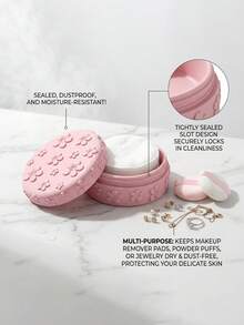 1pc Sealed Dust‑Proof Makeup Storage Container, Floral Embossed Vanity Organizer For Swabs & Make‑Up Remover Pads, Bathroom Dresser Counter Decor Storage Jar,Pink/Blue/White Available,Makeup Organizer,Room Decor - Multicolor - View 7