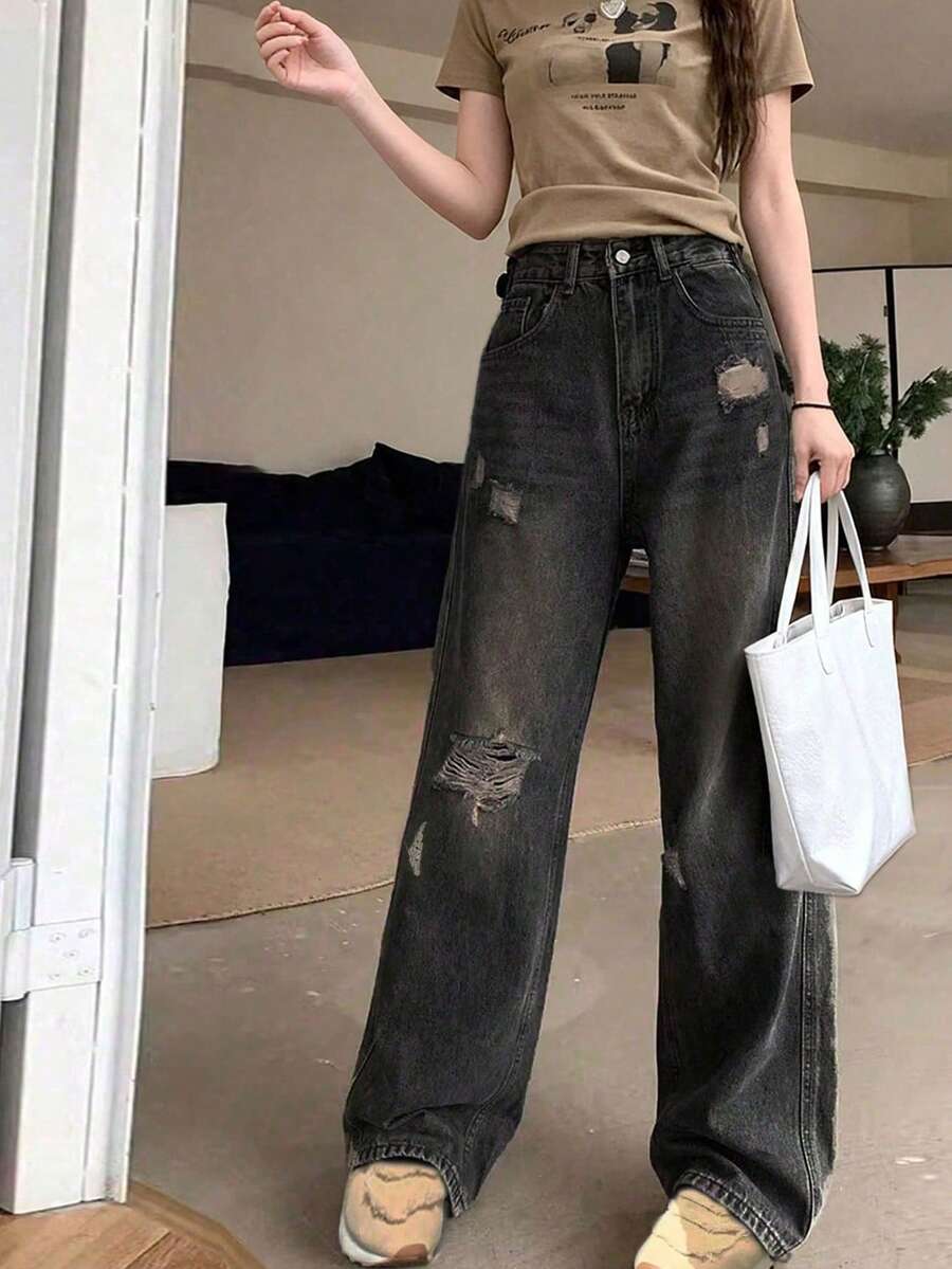 小個女款復古做舊寬鬆直筒牛仔褲,修飾身形且百搭休閒 - 灰色 - 查看 1
