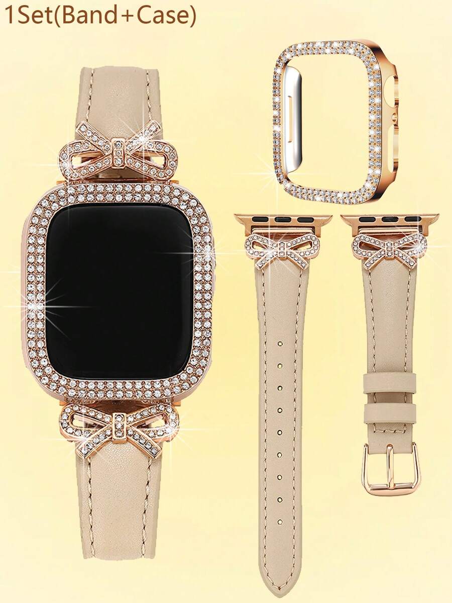 1組奢華玫瑰金鑽石蝴蝶結錶帶與亮面鏤空錶殼,相容於Apple Watch錶帶,適用38 40 41 42 44 45 46 49mm,柔軟舒適,相容於Apple Watch Series 12 11/10-1、Ultra/SE,時尚女性配件,適合春季與情人節,錶帶+錶殼智慧手錶配件組 - 杏色 - 查看 1