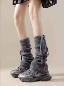 Knitted Ruched Leg Warmers With Straps For Women, Grey Harajuku Style Mid-Calf Leg Warmers, Spring/Autumn/Winter - Multicolor - View 9