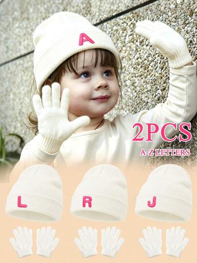 2PCS White Ribbed Folded Knit Beanie And Fingerless Gloves Set, Personalized Letter Embroidery 26 Options, Elastic Skin-Friendly Fabric Washable, Suitable For Girls' Autumn/Winter Outfit Matching