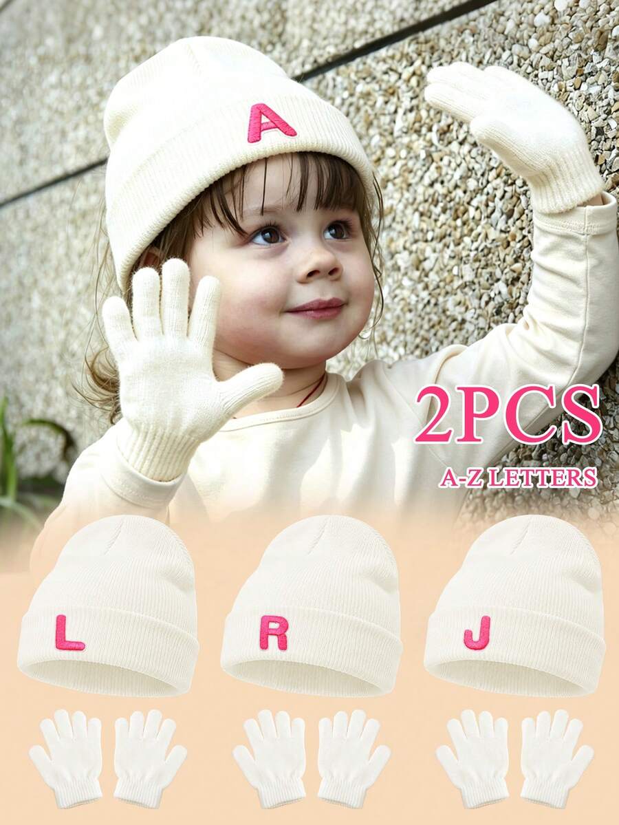 Set 2 Buah Topi Rajut Lipat Bergaris Putih dan Sarung Tangan Tanpa Jari, Bordir Huruf Personalisasi 26 Pilihan, Kain Elastis Ramah Kulit Dapat Dicuci, Cocok untuk Paduan Pakaian Musim Gugur/Musim Dingin Anak Perempuan - Putih - View 1