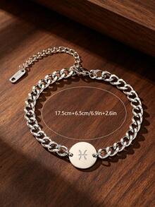 Men's 12 Zodiac Signs Bracelet 304 Stainless Steel Cuban Chain Round Plate Zodiac Pendant Adjustable Hip-Hop Accessory Birthday Gift - Chain Bracelet - View 6