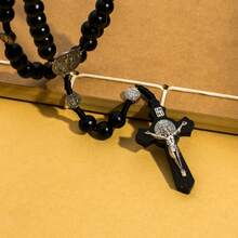 1pc/2pcs Fashionable Personalized Natural Wooden Bead Cross Necklace Suitable For Men's Daily Wear - Black - View 4