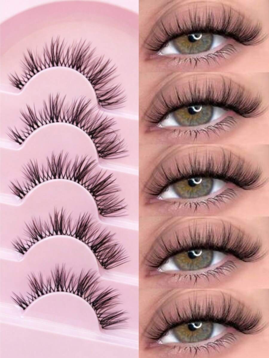 5 Pairs Fox Eye Spiky Manga Full‑Strip False Eyelashes, Dramatic Flared Winged Design Thick Crossed Lashes For Eye Lash Extension Anime Cosplay Party Daily Women Makeup - Black - View 1