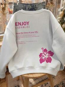 Sweatshirt Leher Bulat Motif Bunga Merah Muda Estetika Unik, Pullover Kasual Serbaguna Musim Gugur Warna Abu-abu Oatmeal Muda dengan Potongan Longgar - Light Grey - View 3