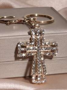 Street Style Crystal Rhinestone Hollow Cross Car Keychain Metal Cute Women Bag Charm Key Chain Ring Creative Cross-Border Gift Unisex All Seasons - Gold - View 2