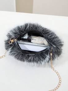 Furry Bag With Metal Chain, Women's Fashion Personalized Minimalist Versatile Shoulder Bag, Suitable For Daily Shopping, Dating, Music Festivals - Black and White - View 6