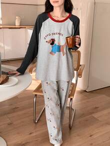 2pcs/Set Women's Pajamas Loungewear Set, Pullover Round Neck Cute Puppy Print Simple Long Sleeve 9/10 Pants, Easy Care Fabric - Multicolor - View 5