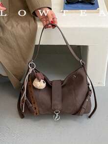 low tea 1pc PU Fabric Shoulder Bag With Buckle, Suitable For Commuting, Shopping, Etc. (With Pendant) - Coffee - View 2