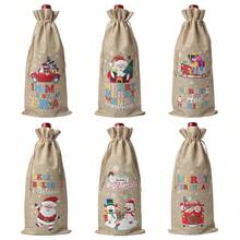 6pcs Christmas Wine Bottle Decoration Bags, Colorful Linen Christmas Pattern Printed Wine Bottle Drawstring Bags, Multiple Patterns And Colors Available - View 10