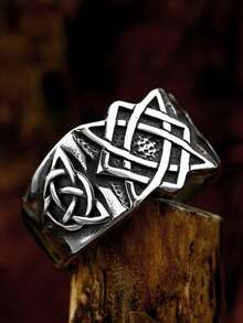 1pc Men's Ring, Antique Silver Stainless Steel, Waterproof Anti-Fading Hypoallergenic Geometric Pattern Vintage Versatile Ring, Suitable For Daily Wear, Party, Gathering, Size 7-12 - Antique Silver - View 1