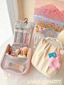 3pcs/1pc Flower‑Charm Handheld Cosmetic Bag, Sweet Style Square Shape Ruched Handle Zipper Closure Pendant Decor Portable Makeup Pouch For Travel Daily Vacation All‑Season Use - Multiple Colors and Styles - View 2