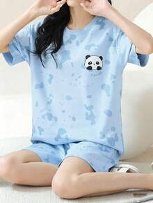 AICJ 女款休閒簡約春夏 T 恤短褲套裝，熊貓印花舒適睡衣居家服 2 件套 - 淺藍色 - 查看 6