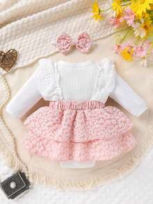 2pcs/Set, Baby Girl, Casual Elegant Fashionable Cute, Soft Comfortable, Lace Trim Embroidery Bow Decor Patchwork Floral Jacquard Cake Layered Ruffle Bodysuit Dress And Headband, Baby Girl Clothing, Newborn Baby Girl Clothing, Baby Clothing, Baby Supplies, Autumn Baby Girl Clothing, Newborn Clothing, Suitable For Daily Wear, Vacation, Party, Outdoor Activities, Photography - Multicolor - View 3