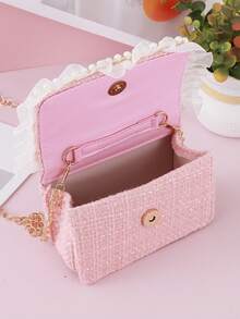 1pc Mini Kids Handbag With Pearl Lace And Bow Decor Flap Closure, Fashion Chain Crossbody Bag For Girls, Snack Coin Purse, Suitable For Holidays And Daily Use - Pink - View 5