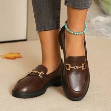 Women's Brown Round Toe Metal Buckle Thick Chunky Heel Loafers Soft Sole Flat Shoes Vintage Commute Spring Autumn All Season - Brown - View 3