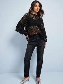 Vuslat Women's Autumn French Style Black Floral Hollow Lace Top, Suitable For Daily Wear, Halloween, Back To School, Party, Music Festival - Black - View 7