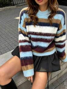 Women's Fashion Daily Commute Streetwear Colorblock Striped Knit Top - Multicolor - View 3