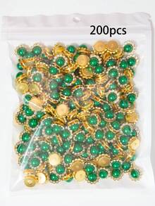 10-200顆 12mm 綠色珍珠花，中心鑲嵌綠色珍珠，周圍環繞小白色水鑽，向日葵圖案，亮面鈕扣水鑽花，DIY手工配件，適用於花卉頭飾與衣飾裝飾 - 12mm綠珍珠花 - 查看 12