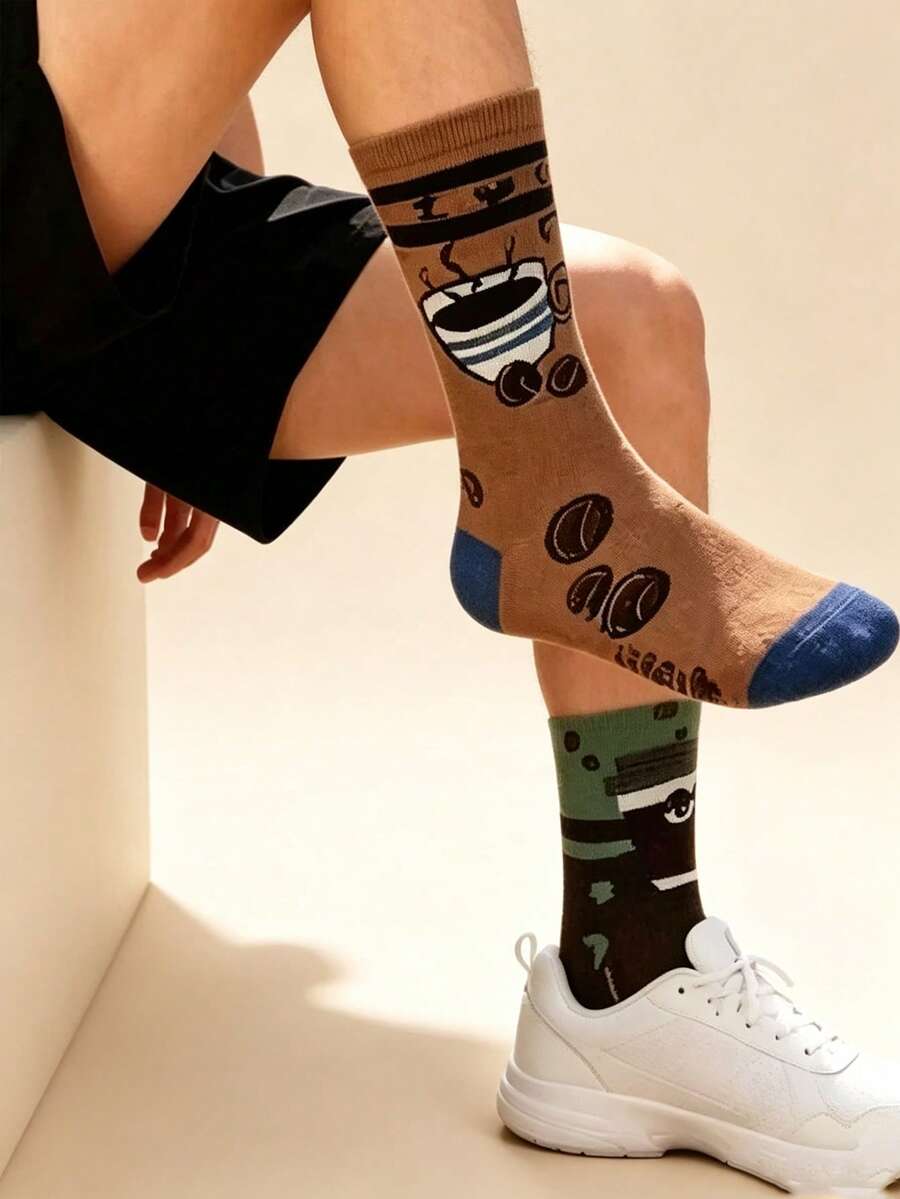 1 Pair Women's Mid-Calf Socks, All-Season Coffee Theme Creative AB Mid-Calf Socks, Fashionable & Minimalist, Fun & Interesting, Soft & Comfortable Fabric, Skin-Friendly & Non-Irritating, Breathable & Non-Stuffy, Suitable For Various Occasions - Multicolor - View 1