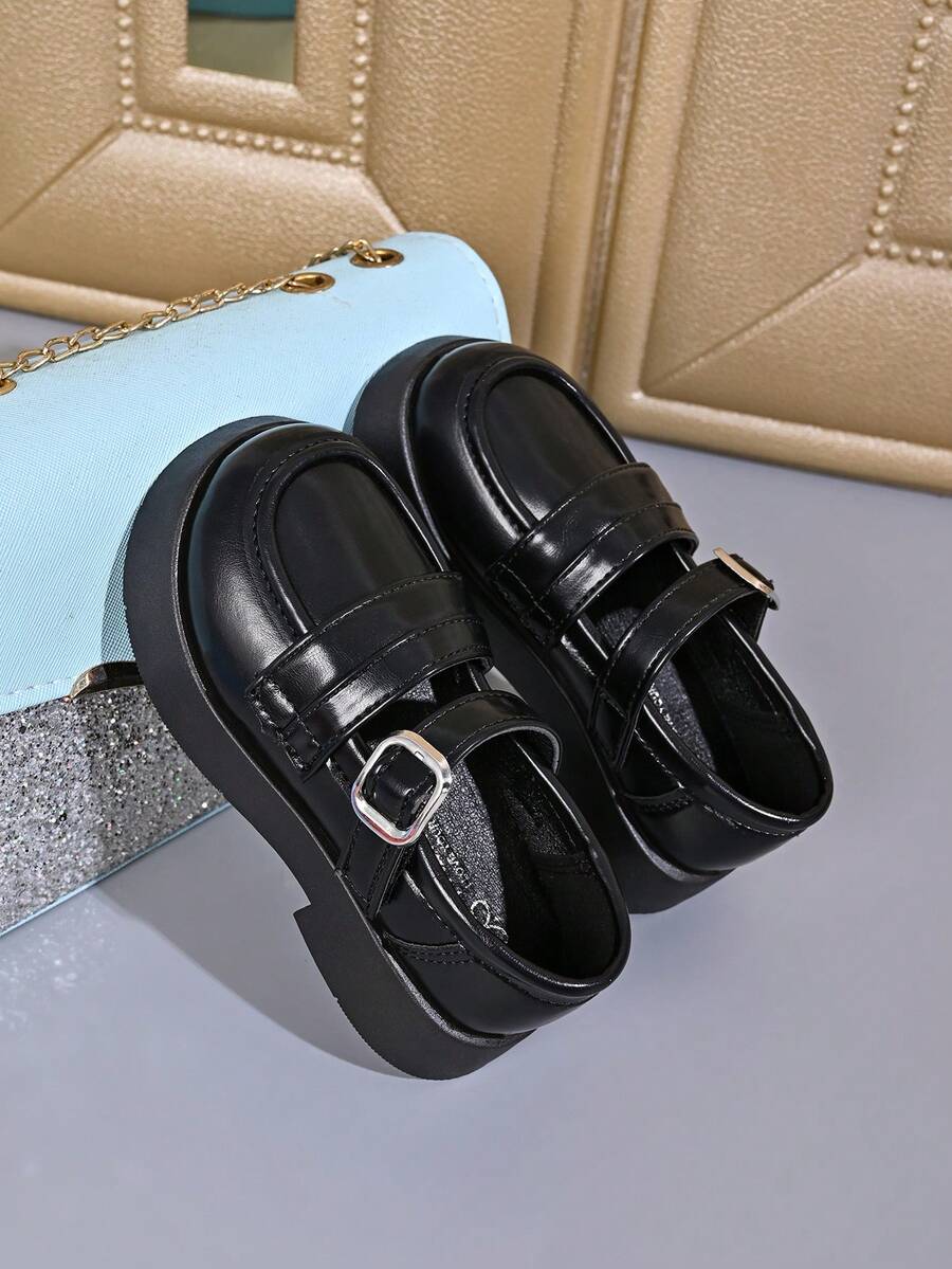 Girls' One-Strap Loafers, Minimalist Beige Thick Sole Non-Slip Versatile Casual Slip-On Shoes - Black - View 1