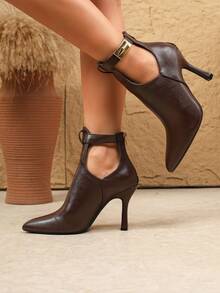 Fall/Winter 2025 Fashionable Metallic Decor Pointed Toe Ankle Boots, 9.5cm High Heel, Casual Versatile Side Zipper, Coffee Color,Match With Black Dress - Coffee Brown - View 3