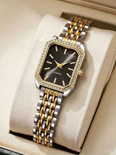 1PC Women's Small Watch, Gold And Silver Dual-Tone Stainless Steel Metal Band, Vintage Classic Elegant Style, Square Black Dial With Rhinestone Bezel, Exquisite And Sophisticated Wrist Accessory, Luxury Women's Accessory, Versatile For Daily Wear, Suitable As Graduation Gift, Perfect Exquisite Luxury Gift For Women